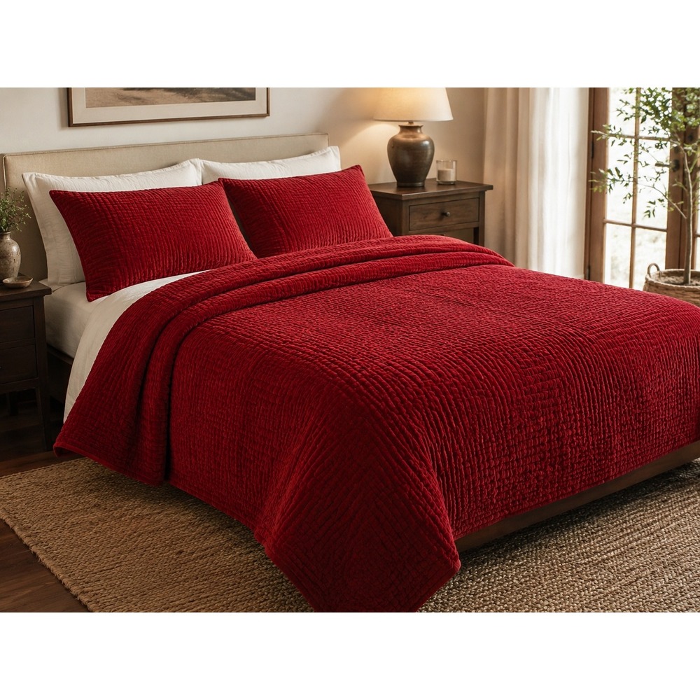 Crate & Barrel Parker Velvet Quilt Set King Crimson Red Pick-Stitch Excellent
